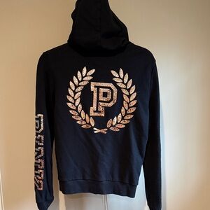 PINK Victoria's Secret Black Zip Up Hoodie with Gold Sequin Accents Size Small